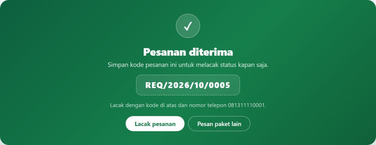 Halaman konfirmasi dengan kode pesanan