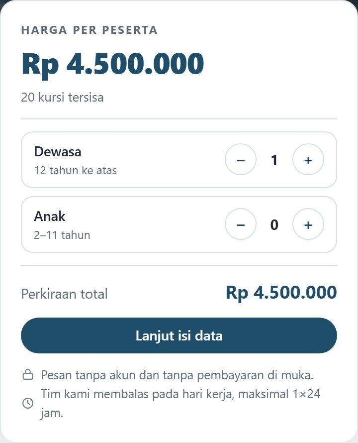 Kartu pemesanan dengan pengatur jumlah peserta dan perkiraan total